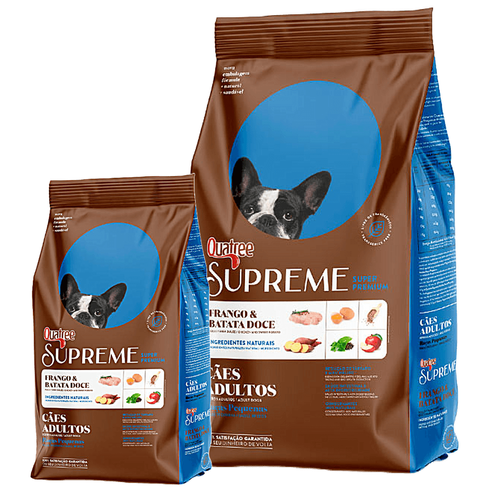 RACAO P/ CAES SUPER PREMIUM QUATREE SUPREME ADULTOS RACAS PEQUENAS FRANGO E BATATA DOCE 10,1KG RACAO P/ CAES SUPER PREMIUM QUATREE SUPREME ADULTOS RACAS PEQUENAS FRANGO E BATATA DOCE 10,1KG