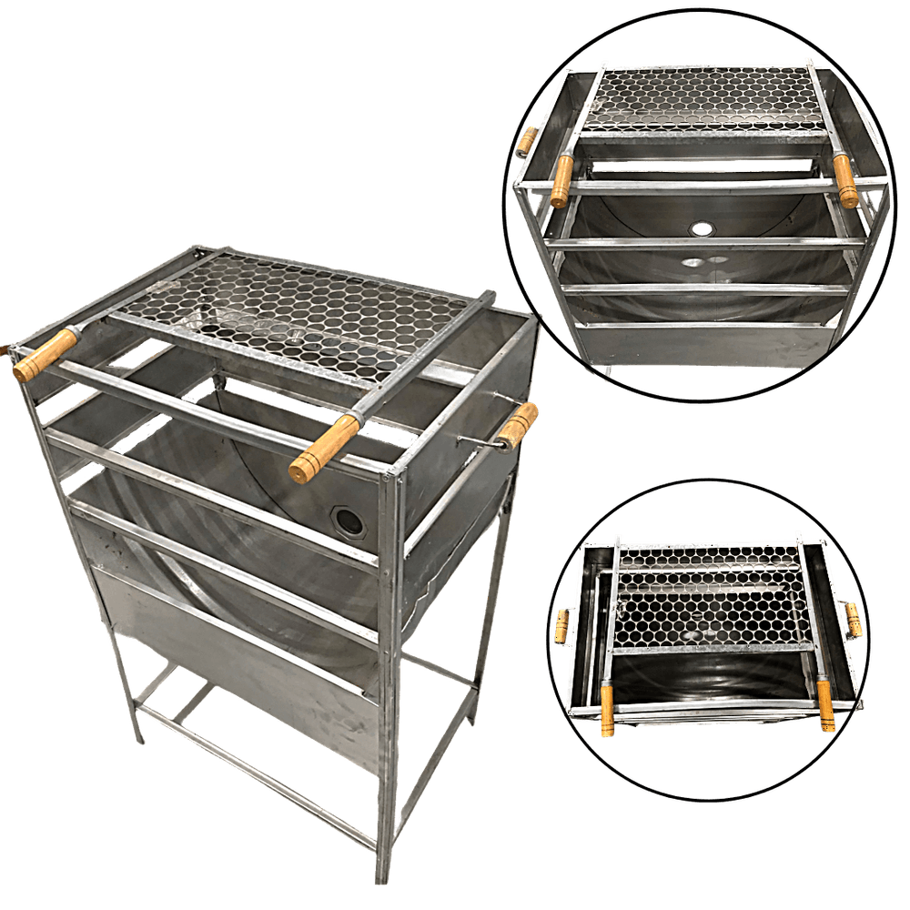 CHURRASQUEIRA MEIO TAMBOR ACO 3 NIVEIS DE ALTURA C/ ALCA C/ GRELHA REF.1434 CHURRASQUEIRA MEIO TAMBOR ACO 3 NIVEIS DE ALTURA C/ ALCA C/ GRELHA REF.1434