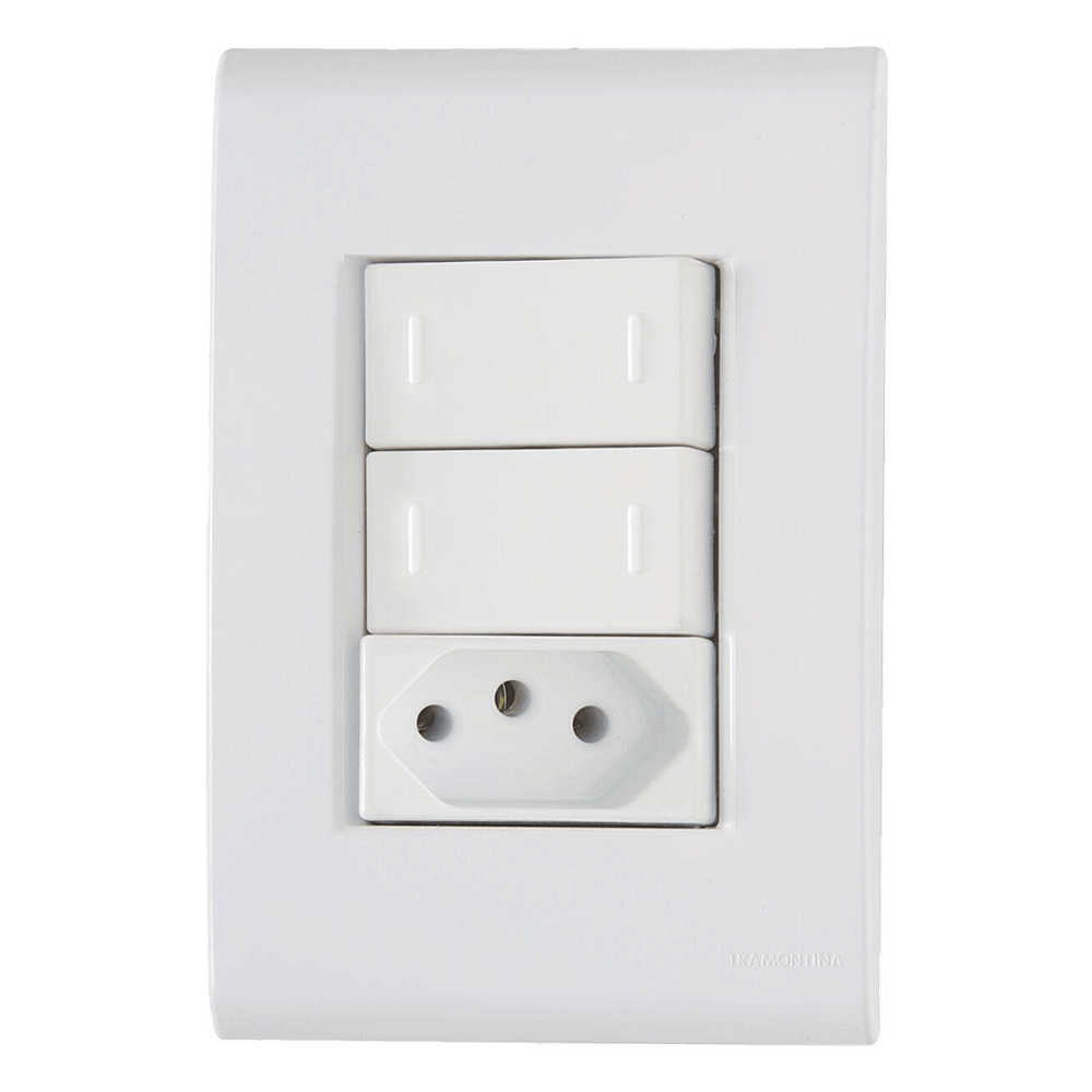 CONJUNTO 4X2 C/ 2 INTERRUPTORES SIMPLES + TOMADA 2P+T 10A TRAMONTINA LIZ 57170/073 250V CONJUNTO 4X2 C/ 2 INTERRUPTORES SIMPLES + TOMADA 2P+T 10A TRAMONTINA LIZ 57170/073 250V